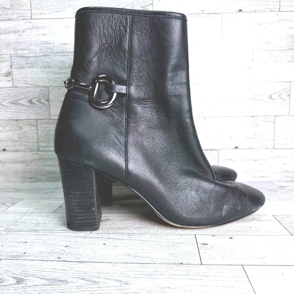 Talbots Bit Detail Ankle Boots Womens 8.5M Black Leather Block Heel Zip GOOD